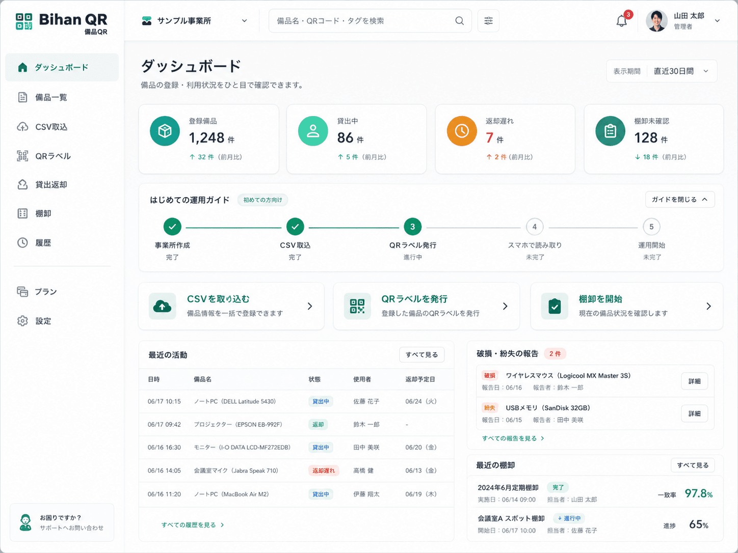Bihan QRのダッシュボード画面